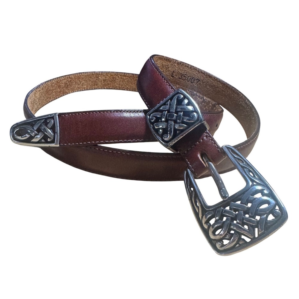 VTG Brighton Brown Leather Celtic Knot Belt SilverTone Hardware 1995  USA Size L